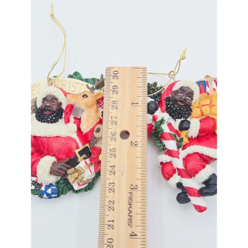 Set of 3 Black Santa Claus Resin Ornaments Wreath Candy Cane Gift Basket